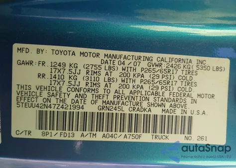 2007 Toyota Tacoma Base V6 из США, поврежденный, VIN 5TEUU42N47Z421994